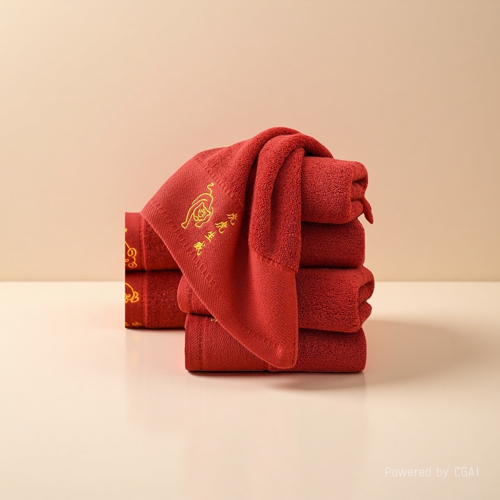 The towel is made of 100% cotton, featuring adult face wash embroidery and zodiac signs. It is pure cotton, soft, absorbent and red Specification image