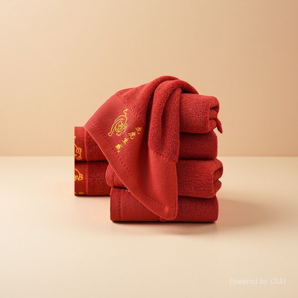 The towel is made of 100% cotton, featuring adult face wash embroidery and zodiac signs. It is pure cotton, soft, absorbent and red Item Picture
