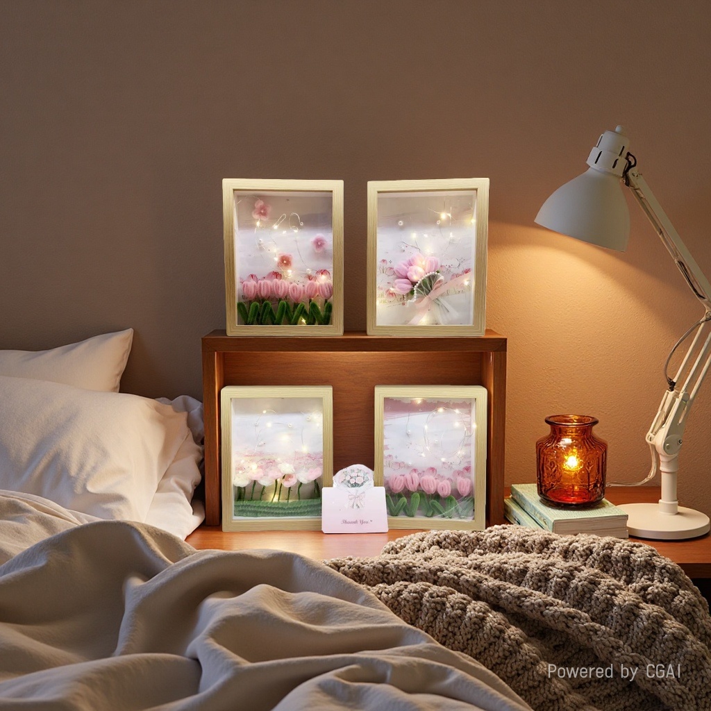 وهناك أربعة إطارات خشبية من العصي الوردية التوليب مع أضواء Specification image