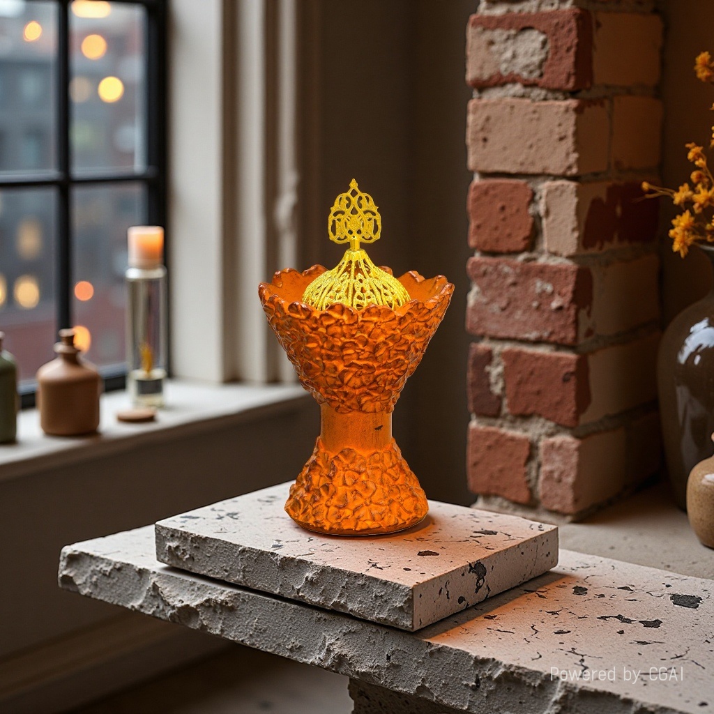 Orange flower-shaped base, golden hollowed-out top cover, decorative ornament, aroma diffuser, ceramic ornament, incense burner, incense diffuser, incense burner, aroma diffuser, home decoration, aroma products Application Scenario
