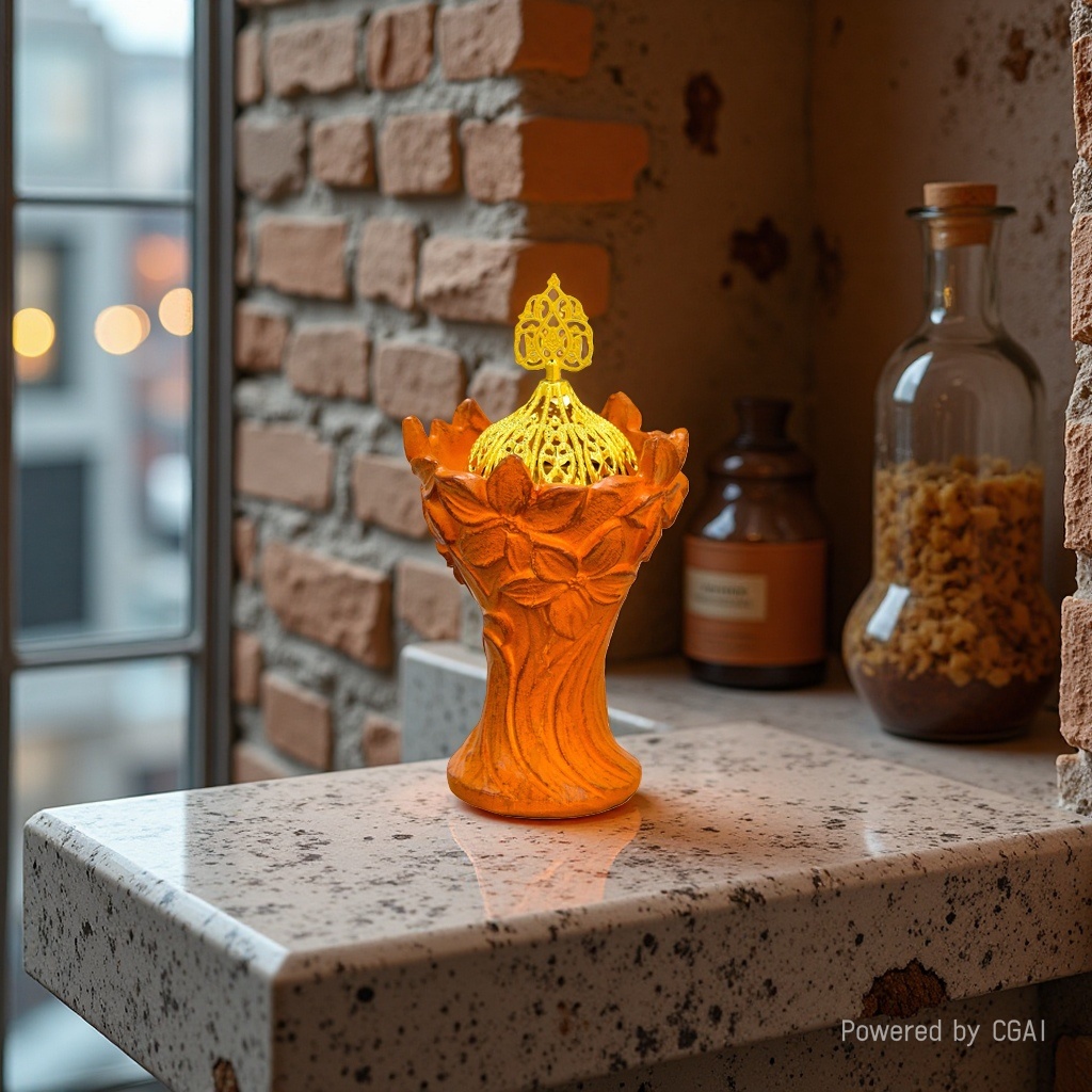 Orange flower-shaped base, golden hollowed-out top cover, decorative item, ceramic incense burner, Middle Eastern retro aroma diffuser Application Scenario