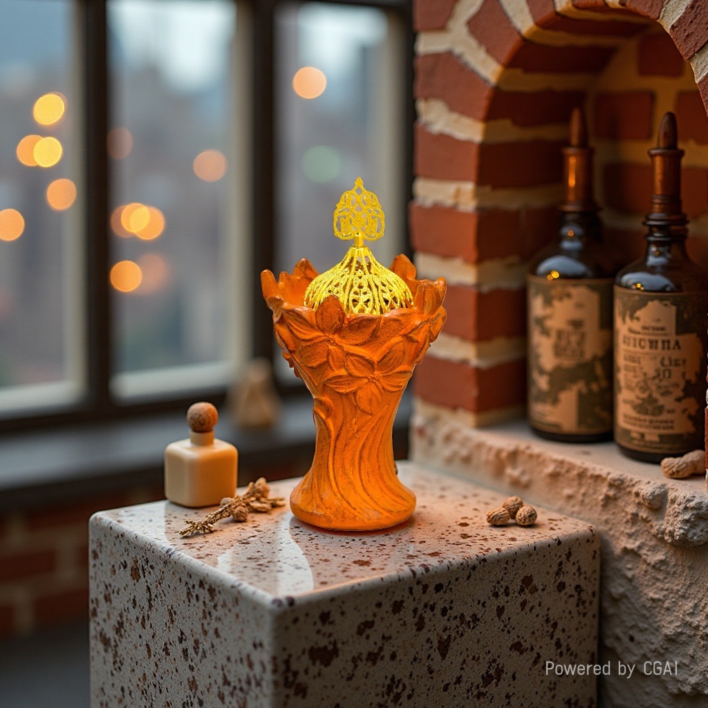 Orange flower-shaped base, golden hollowed-out top cover, decorative item, ceramic incense burner, Middle Eastern retro aroma diffuser details Picture