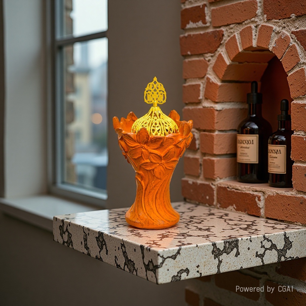 Orange flower-shaped base, golden hollowed-out top cover, decorative item, ceramic incense burner, Middle Eastern retro aroma diffuser Specification image