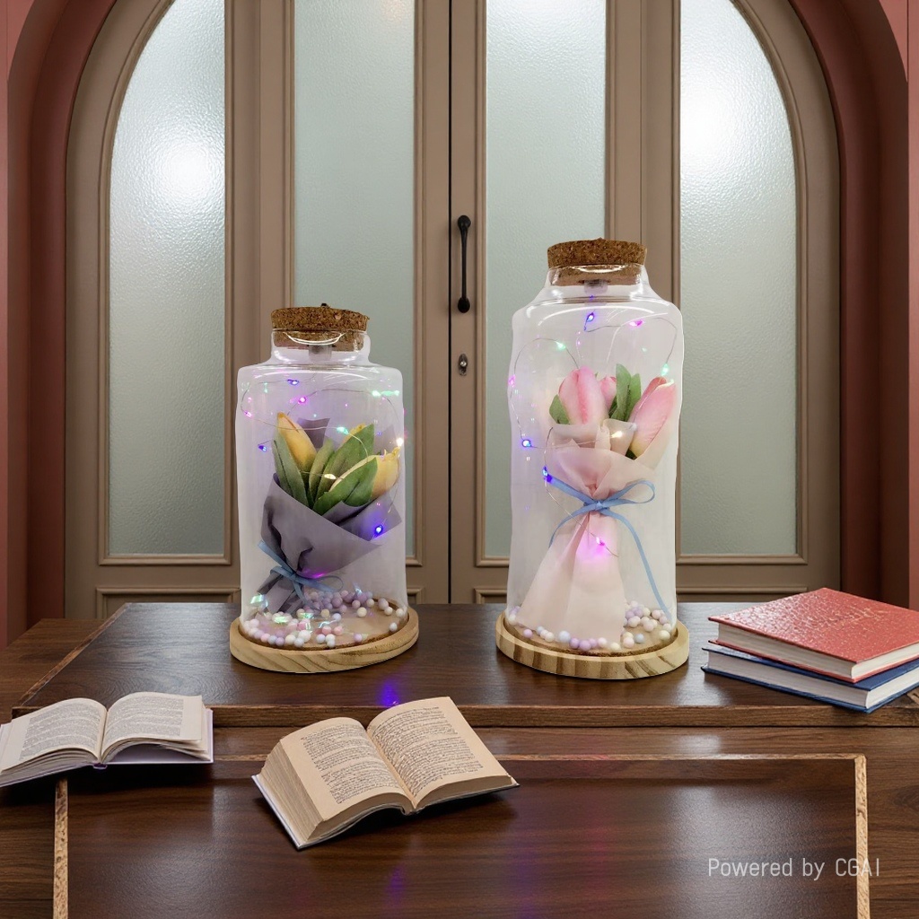 郁金香花束带灯玻璃瓶摆件