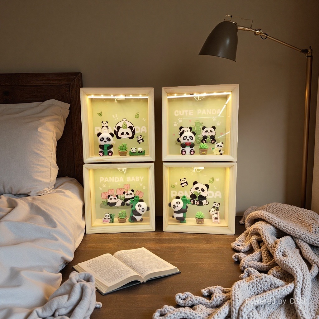 Cute panda-themed wooden frame night light decoration