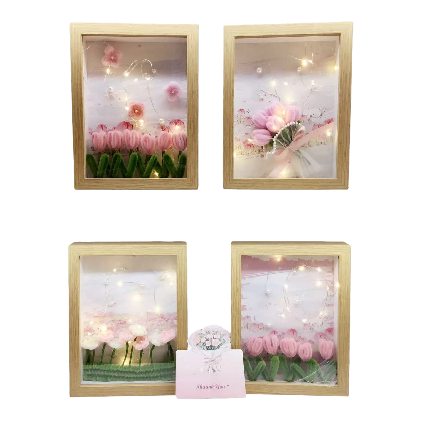وهناك أربعة إطارات خشبية من العصي الوردية التوليب مع أضواء Item Picture