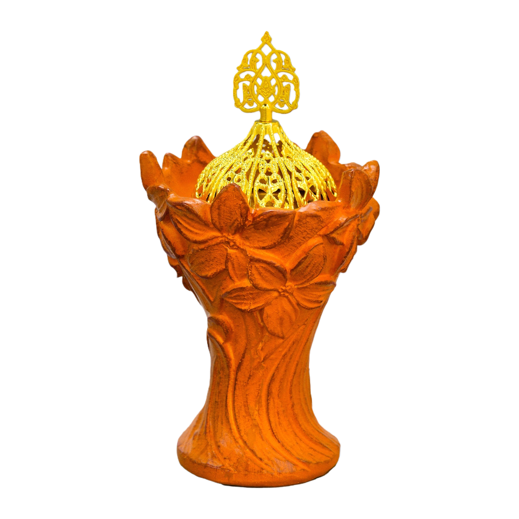 Orange flower-shaped base, golden hollowed-out top cover, decorative item, ceramic incense burner, Middle Eastern retro aroma diffuser Item Picture