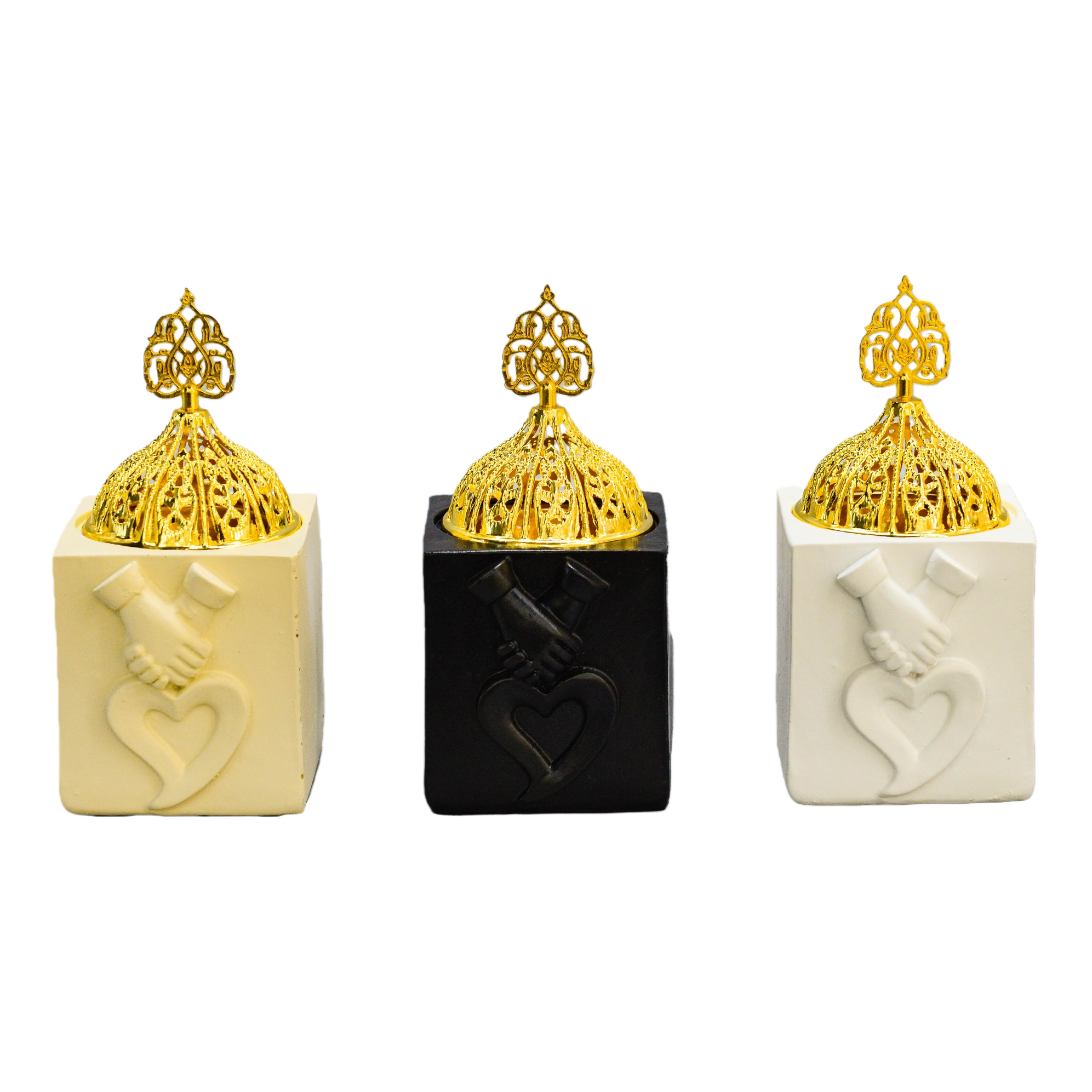 Tres piezas base cuadrada oro tapa calada quemador de aromaterapia beige negro blanco coche oriente medio quemador de incienso de cerámica Item Picture