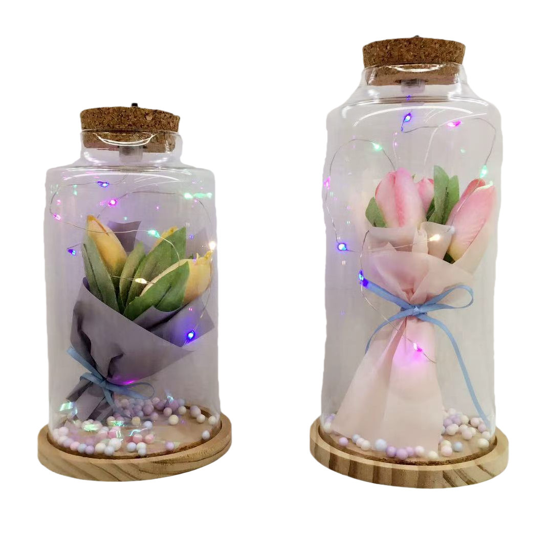 أزهار التوليب مع أضواء على الزجاج Item Picture