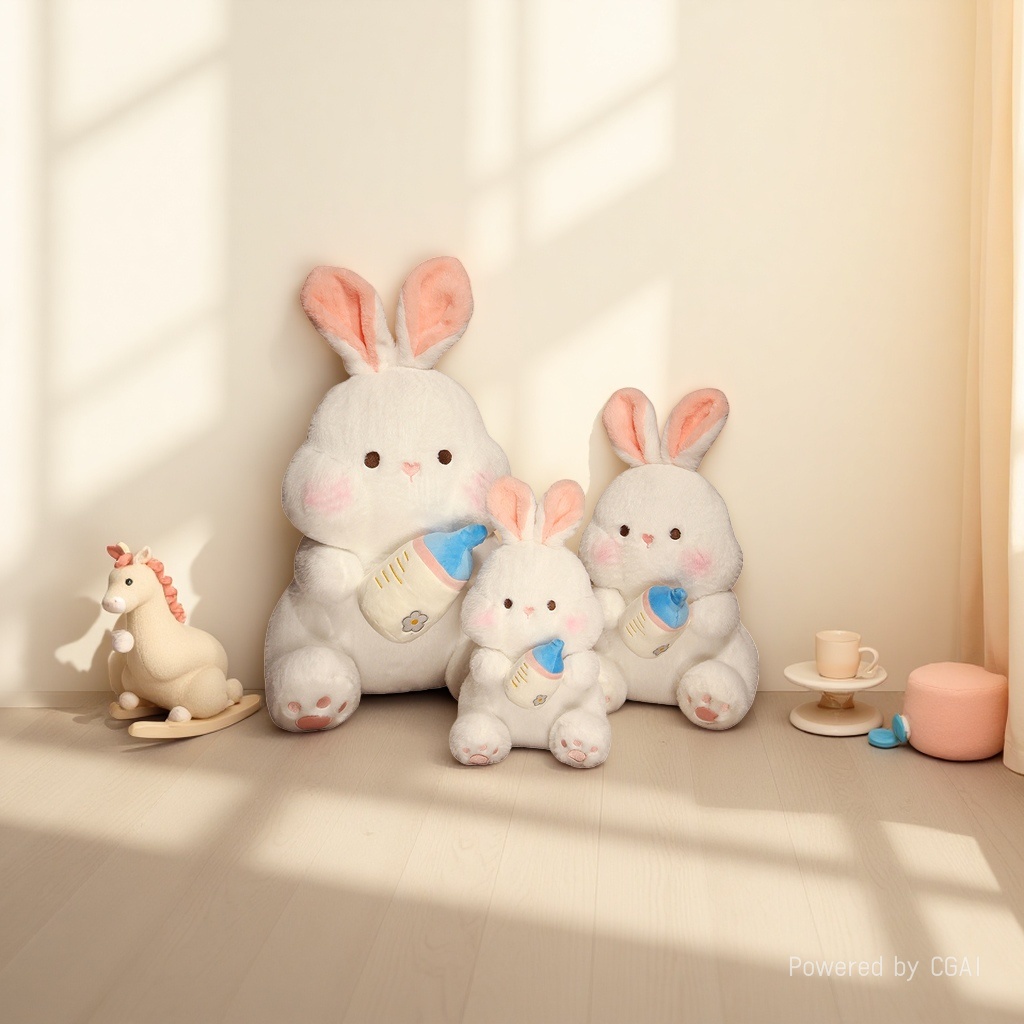 A big white rabbit plush toy, a sleeping doll on the bed, a cute baby bottle rabbit doll, a birthday gift for a girl