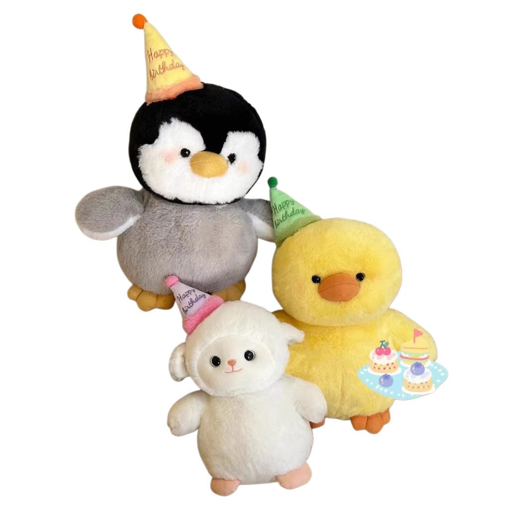 Cute birthday hat doll, little lamb, little yellow duck, penguin doll, plush soothing doll, best friend birthday gift Item Picture
