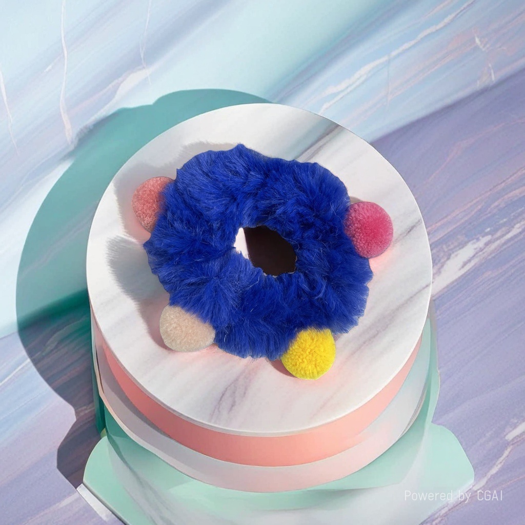 The plush hair band is a blue large intestine hair band with pink, yellow and beige hairballs for decoration Specification image