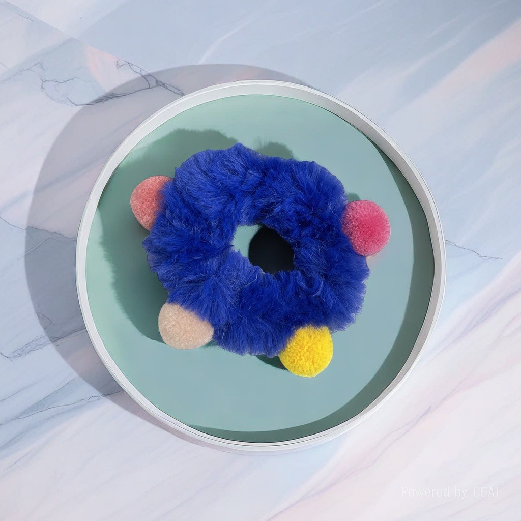 The plush hair band is a blue large intestine hair band with pink, yellow and beige hairballs for decoration Application Scenario