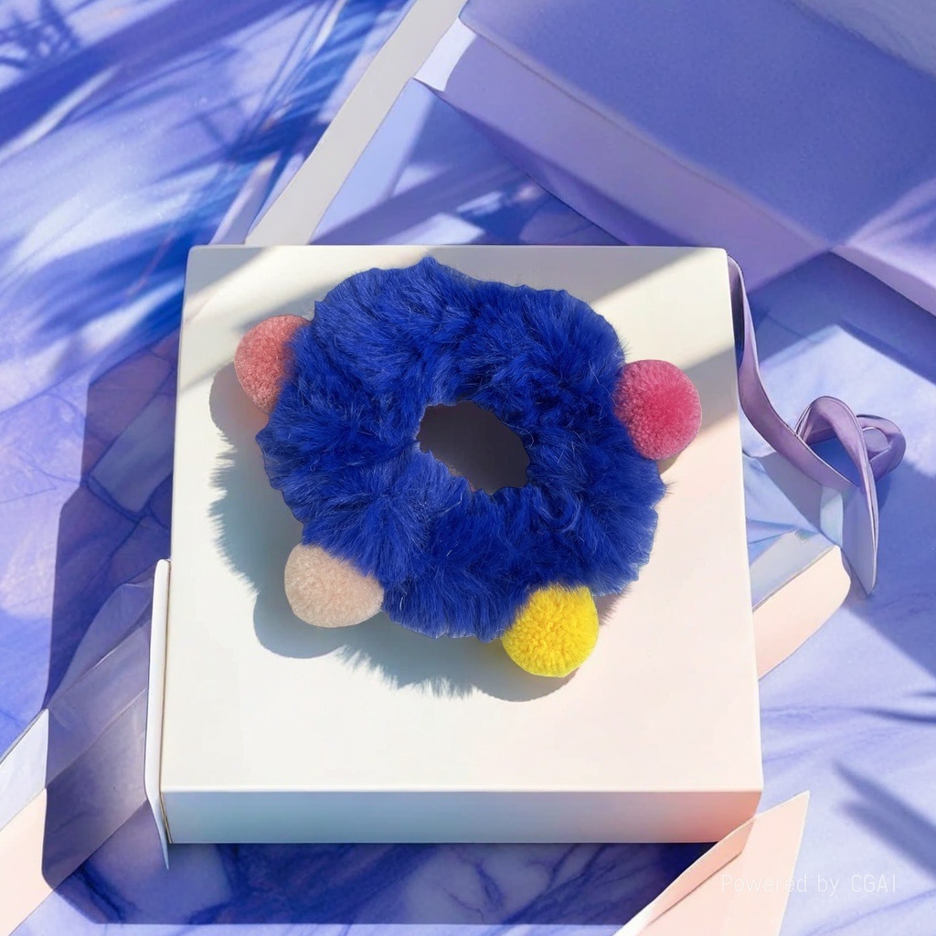The plush hair band is a blue large intestine hair band with pink, yellow and beige hairballs for decoration details Picture