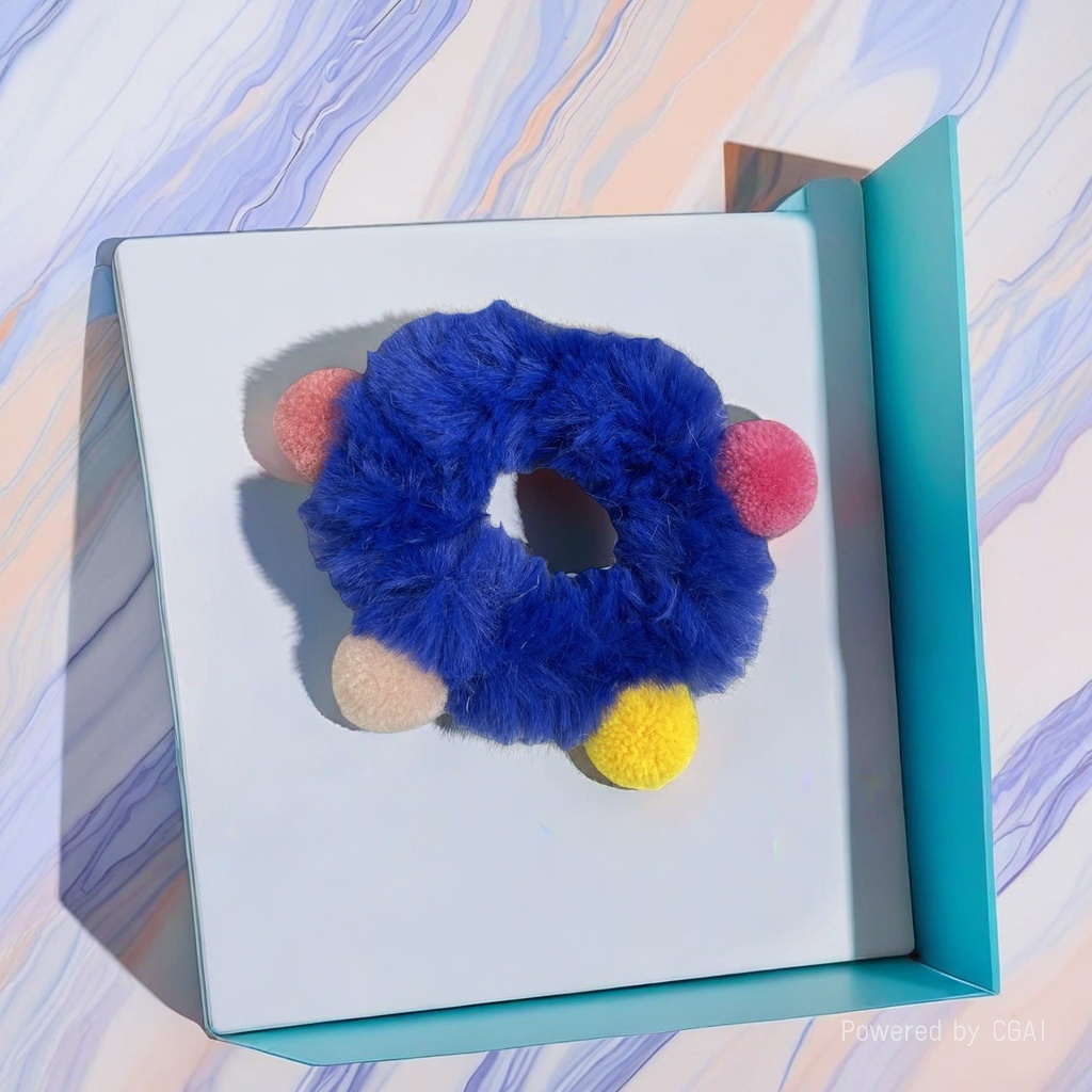 The plush hair band is a blue large intestine hair band with pink, yellow and beige hairballs for decoration