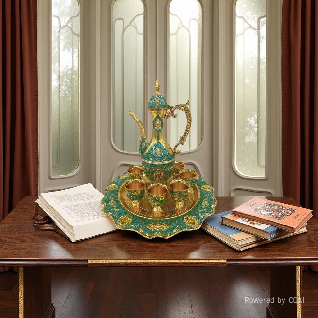 The green-decorated wine set includes a coffee cup combination