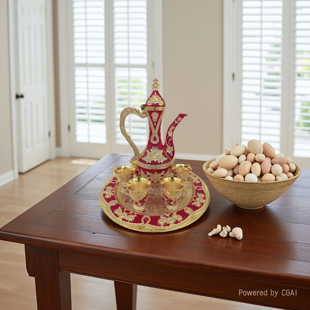 The red and gold decorated tea set includes a wine pot and wine glasses Specification image