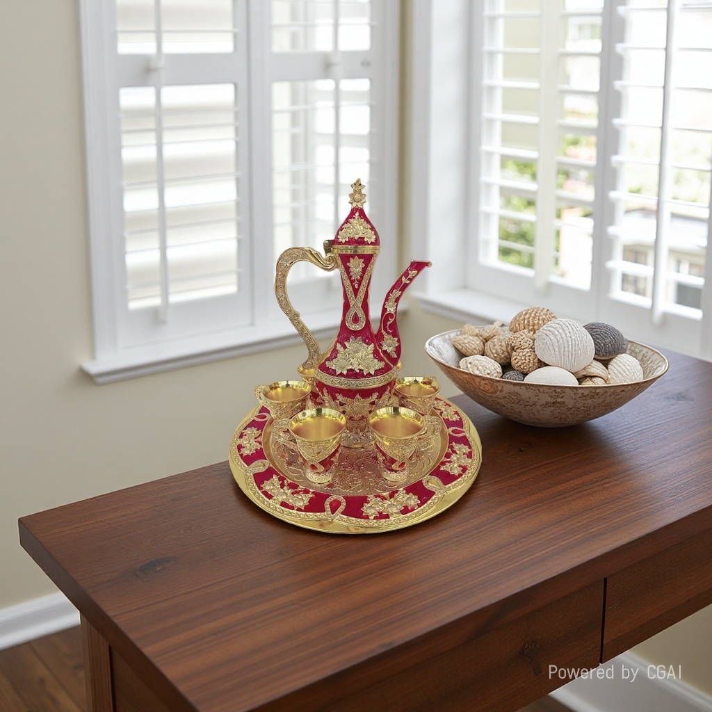 The red and gold decorated tea set includes a wine pot and wine glasses details Picture