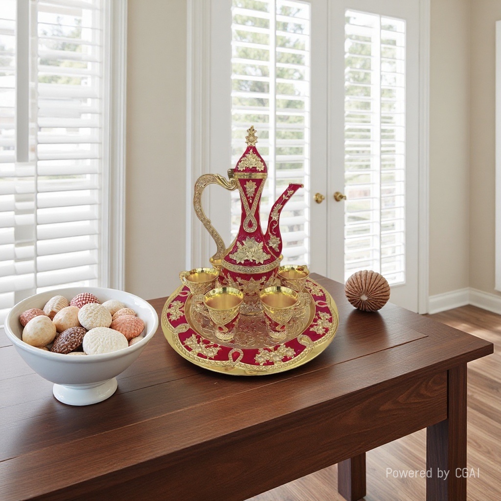 The red and gold decorated tea set includes a wine pot and wine glasses