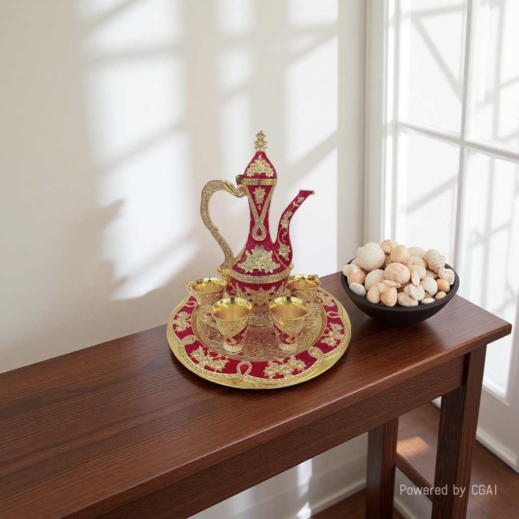 The red and gold decorated tea set includes a wine pot and wine glasses Application Scenario