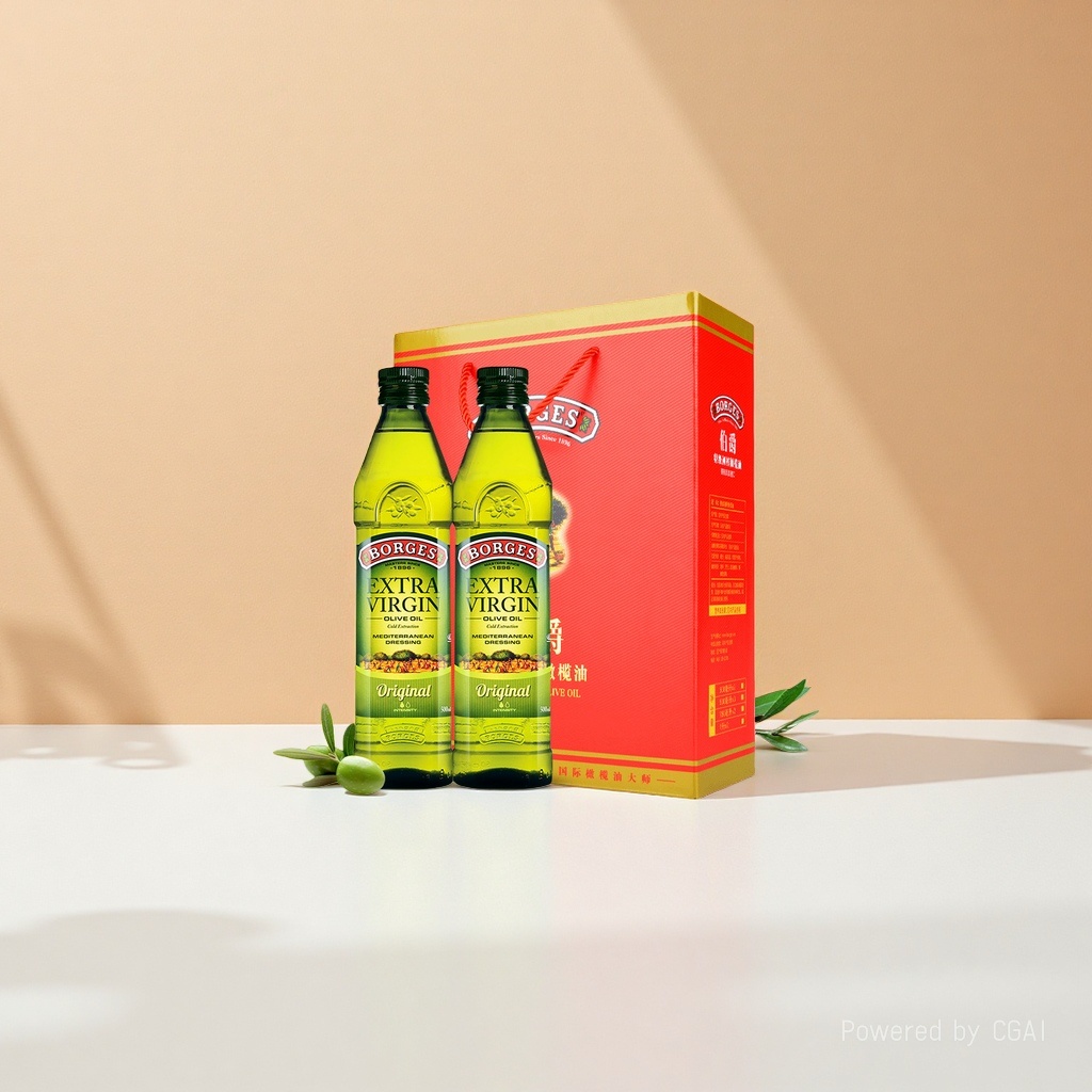 BORGES特级初榨橄榄油绿色玻璃瓶装两瓶装红色礼盒