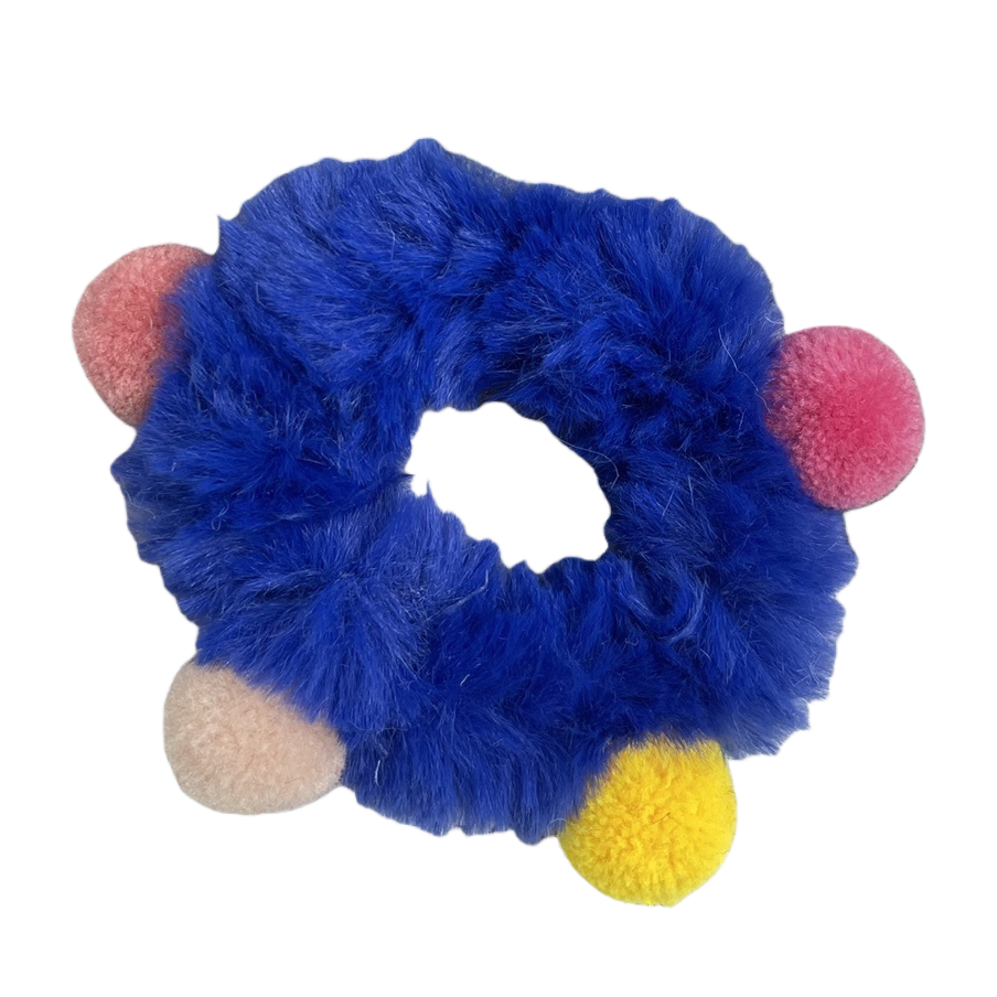 The plush hair band is a blue large intestine hair band with pink, yellow and beige hairballs for decoration Item Picture