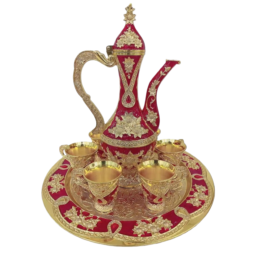 The red and gold decorated tea set includes a wine pot and wine glasses Item Picture