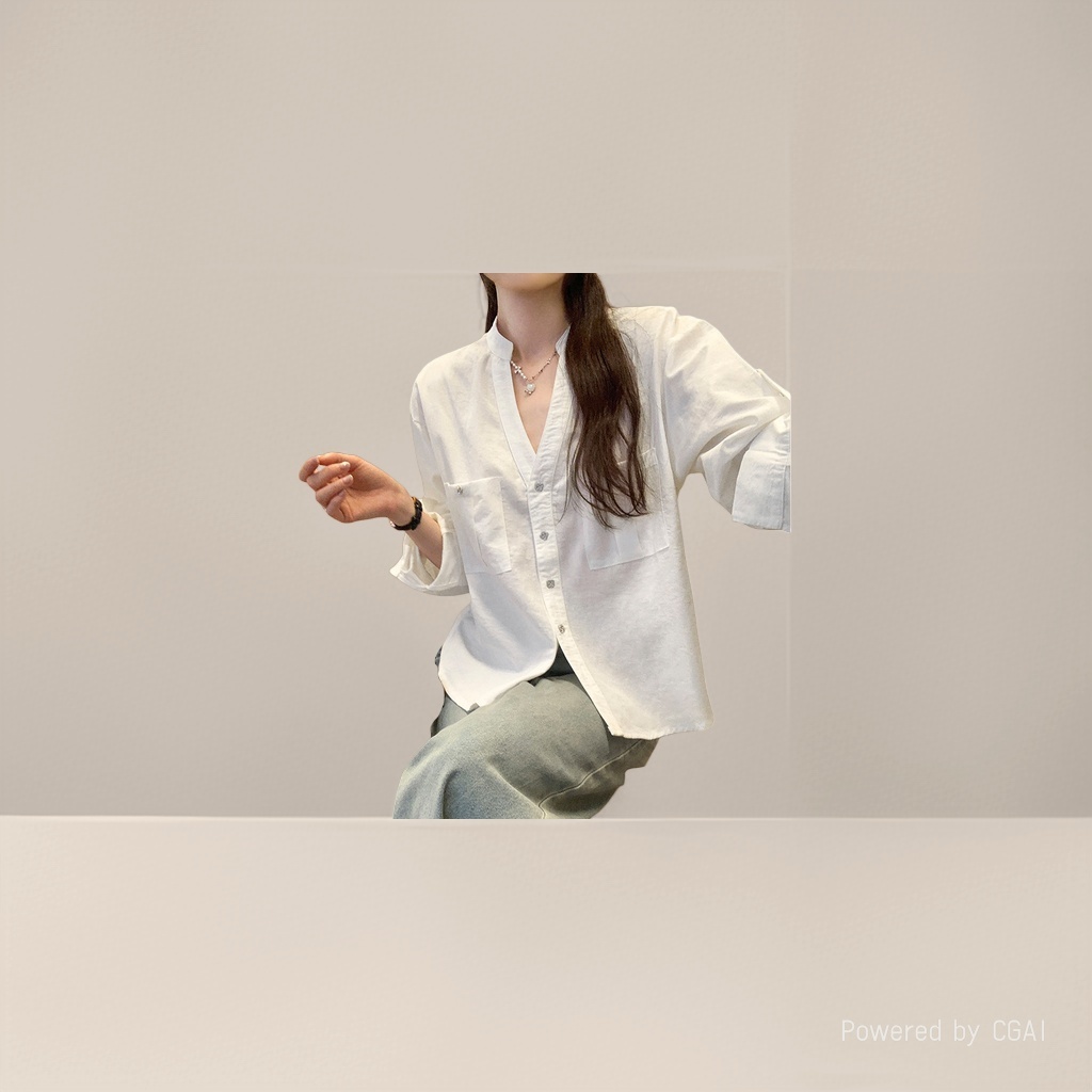 女士刺绣长袖v领衬衫女宽松时尚舒适休闲女装