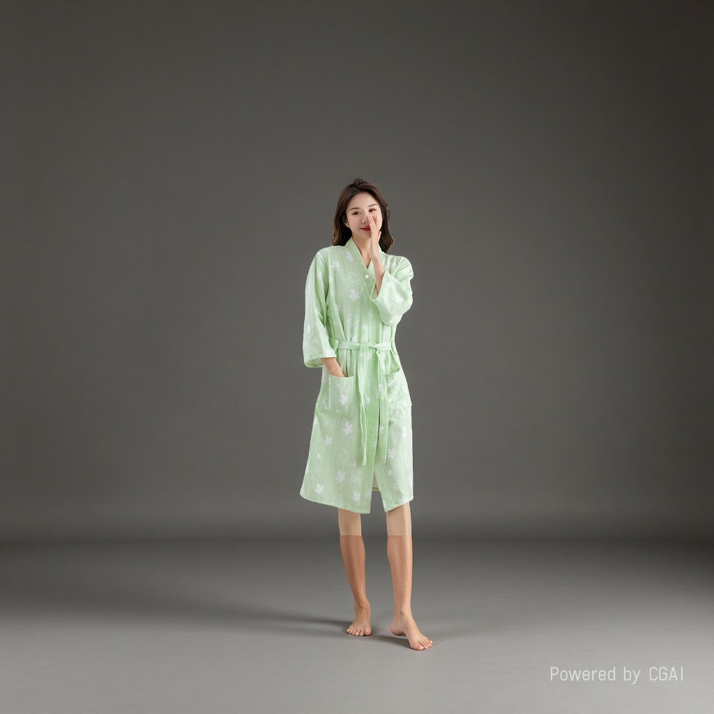 Green printed pure cotton ladies' bathrobe and skirt style milk silk plus-size pajamas