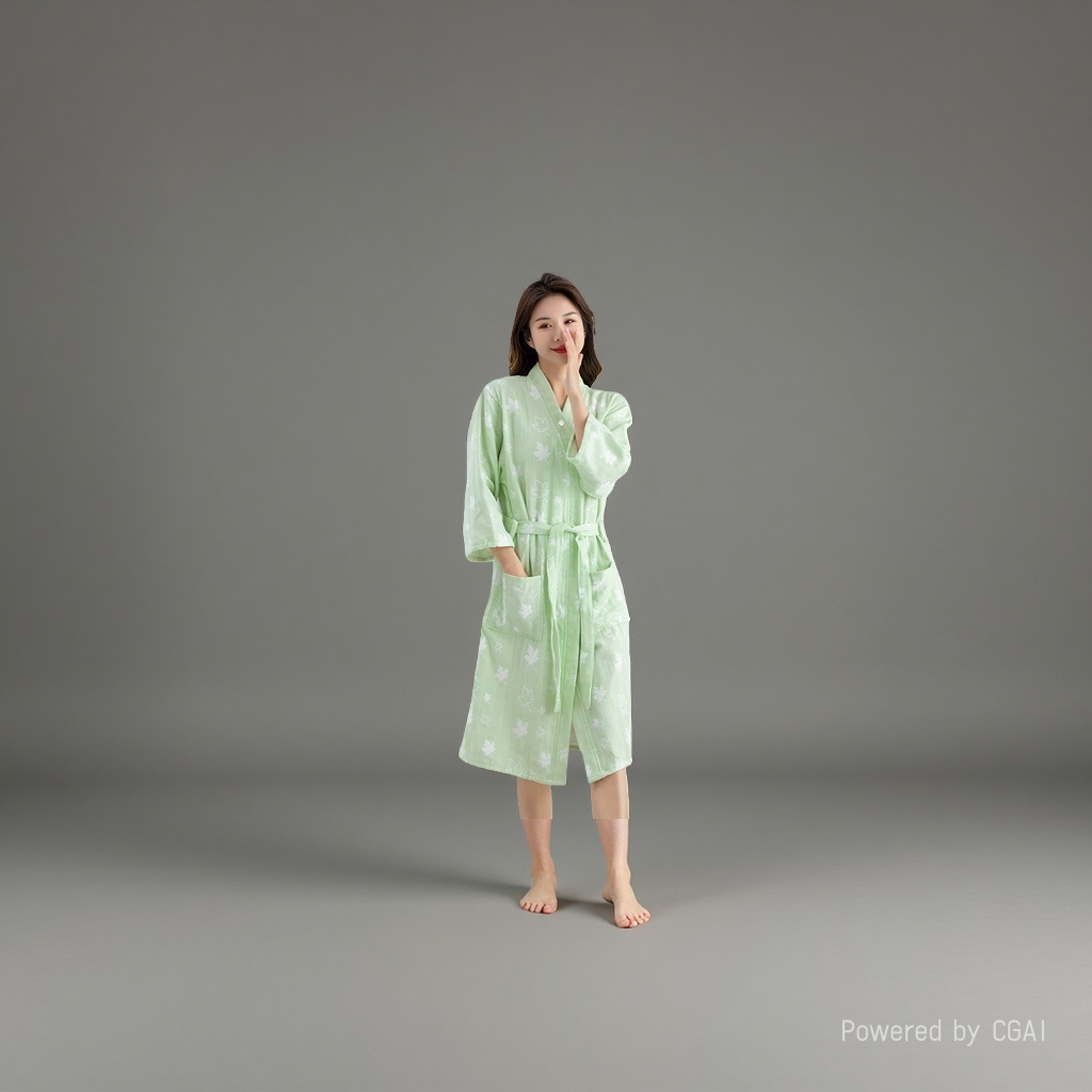 Green printed pure cotton ladies' bathrobe and skirt style milk silk plus-size pajamas Specification image