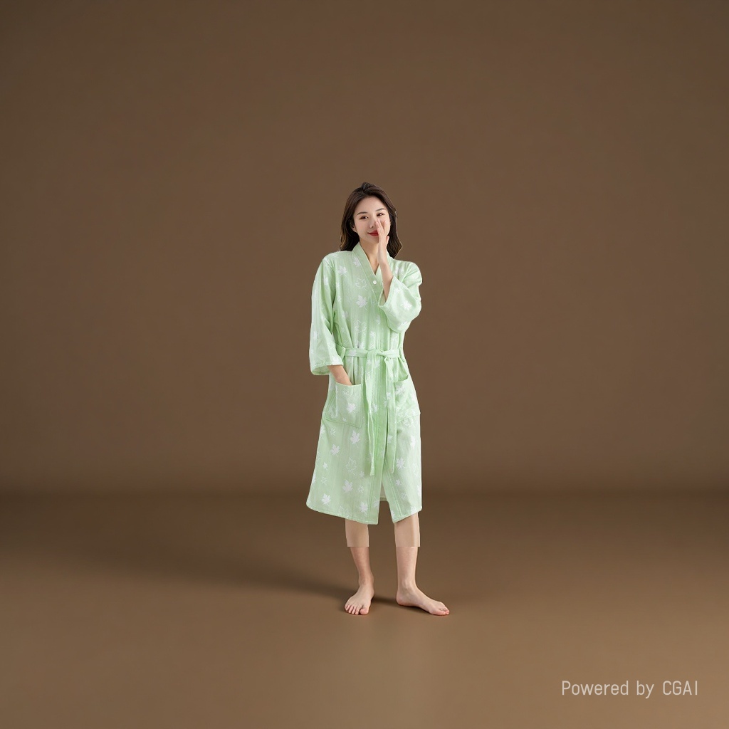 Green printed pure cotton ladies' bathrobe and skirt style milk silk plus-size pajamas details Picture