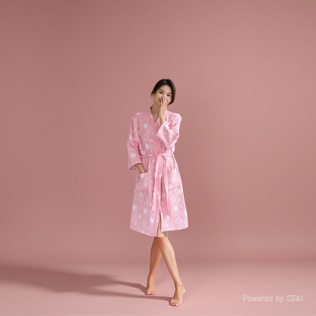 Pink maple leaf-patterned pure cotton milk silk ladies' bathrobe and pajama in dress style details Picture