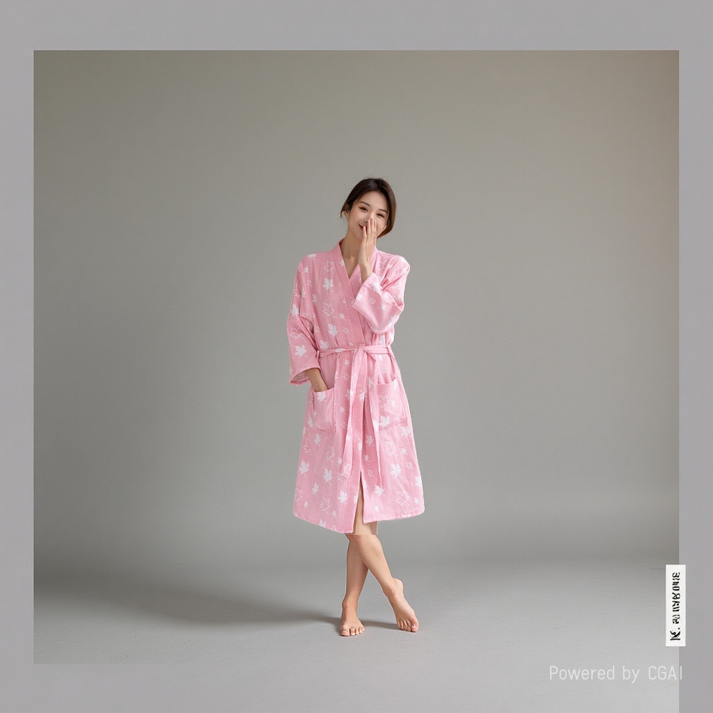 Pink maple leaf-patterned pure cotton milk silk ladies' bathrobe and pajama in dress style Application Scenario