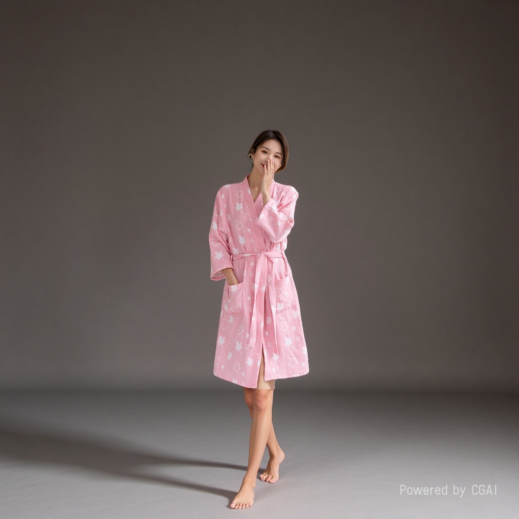 Pink maple leaf-patterned pure cotton milk silk ladies' bathrobe and pajama in dress style