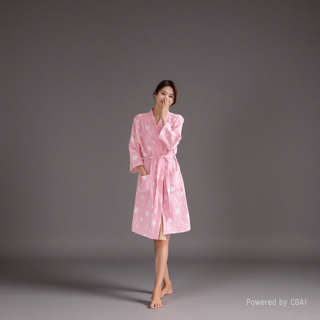 Pink maple leaf-patterned pure cotton milk silk ladies' bathrobe and pajama in dress style Specification image