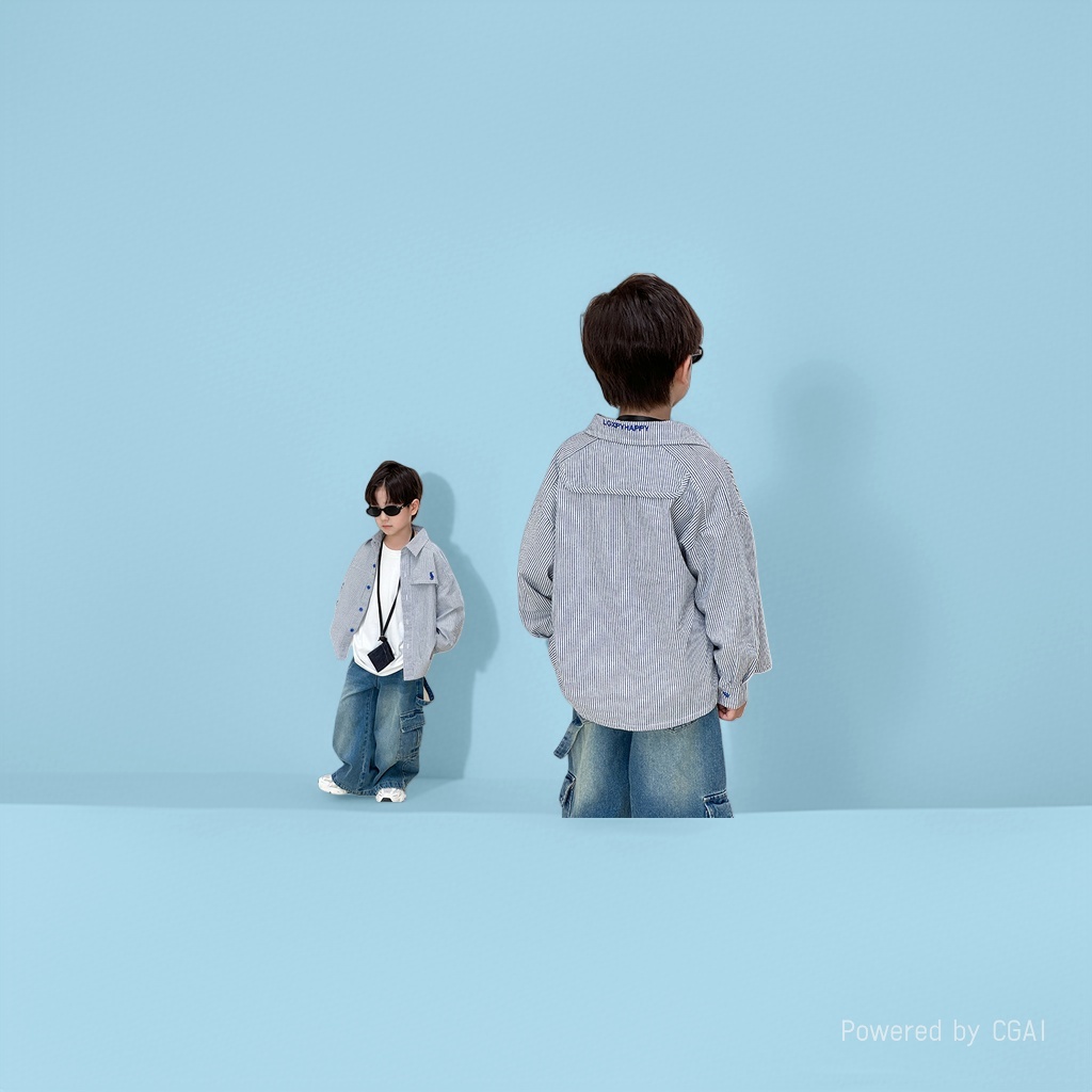 条纹童衬衫儿童模特夏装纯棉短袖男童女童上衣