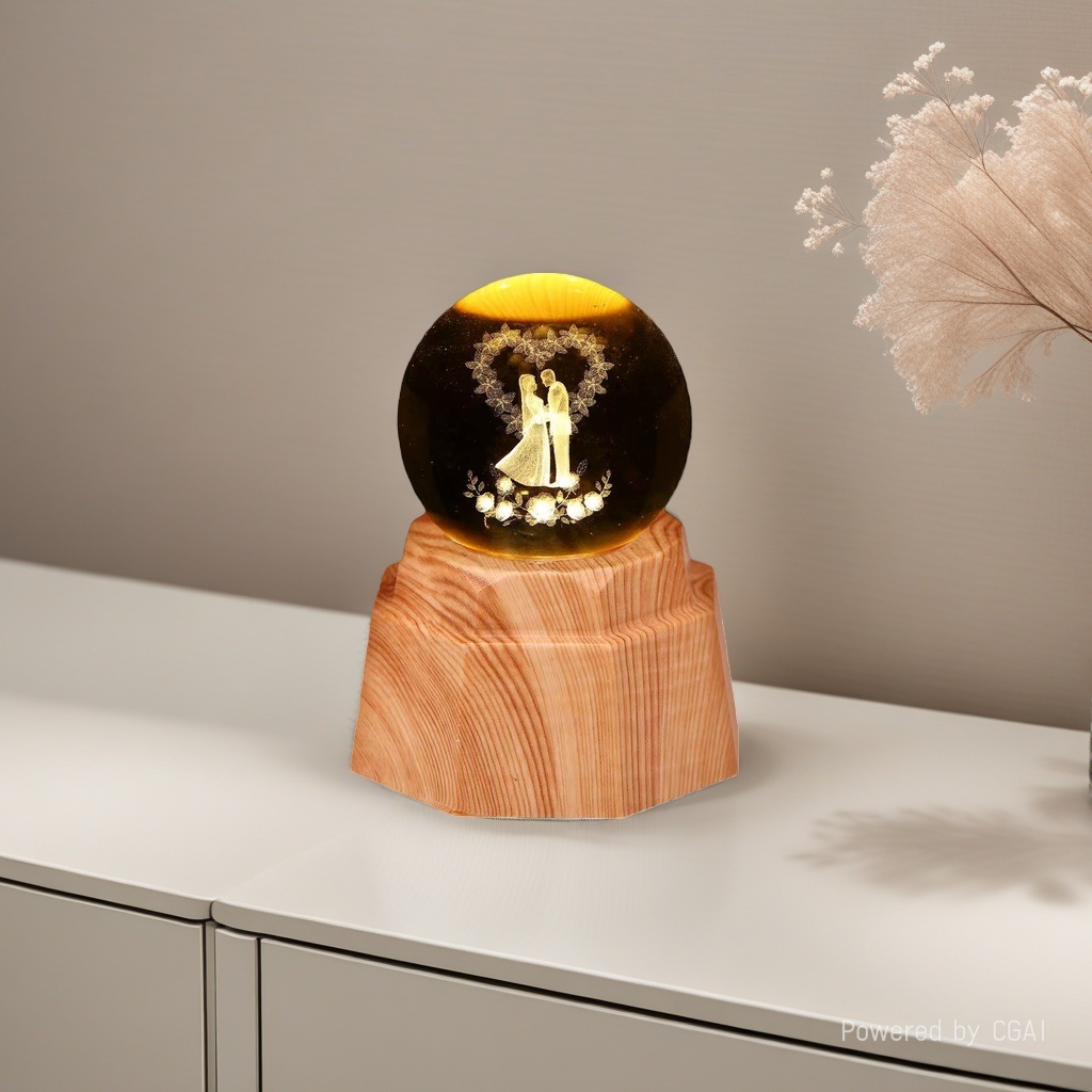 Couple luminous crystal ball night light, 3d engraved starry sky, solid wood base, creative desktop decoration, birthday gift details Picture