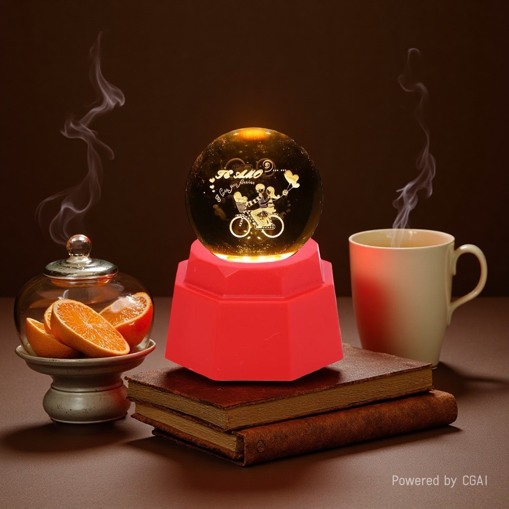 骑车情侣发光水晶球小夜灯3d内雕星空实木底座创意桌面摆件生日礼物礼品