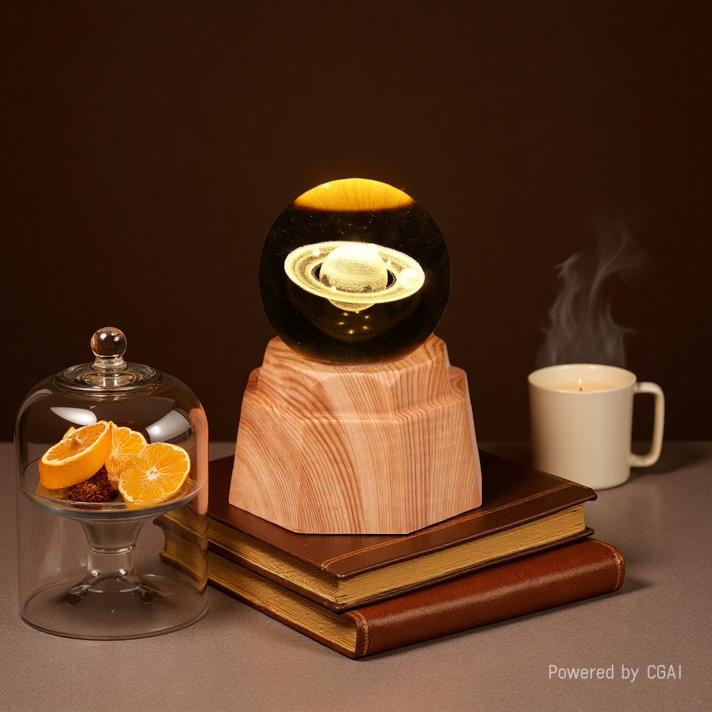 Luminous crystal ball night light, 3d engraved starry sky, solid wood base, creative desktop decoration, birthday gift