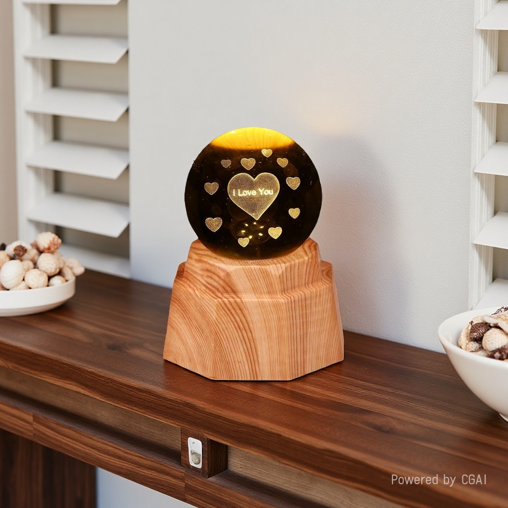 Heart-shaped luminous crystal ball night light, 3d engraved starry sky, solid wood base, creative desktop decoration, birthday gift details Picture