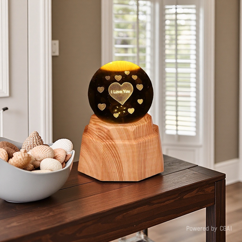 Heart-shaped luminous crystal ball night light, 3d engraved starry sky, solid wood base, creative desktop decoration, birthday gift