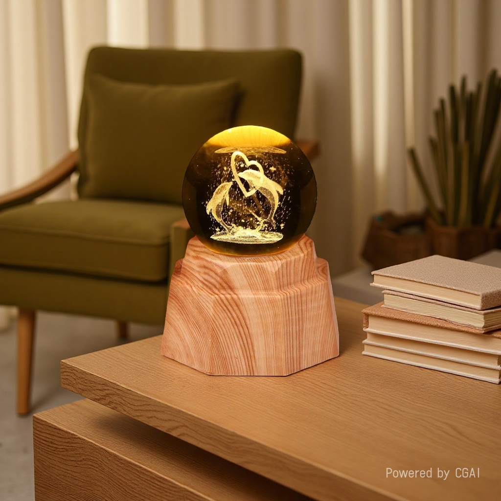 Dolphin Heart Luminous Crystal Ball Night light, 3d engraved starry sky, solid wood base, creative desktop decoration, birthday gift details Picture