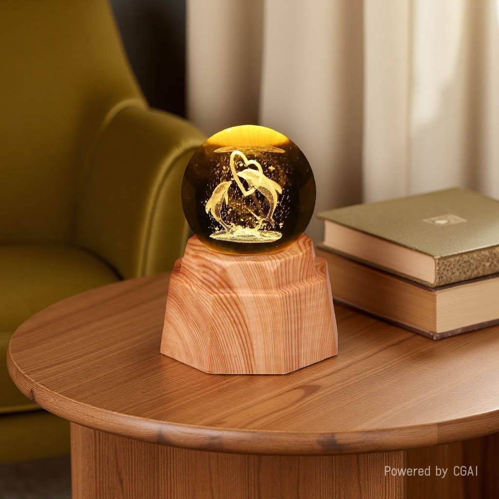 Dolphin Heart Luminous Crystal Ball Night light, 3d engraved starry sky, solid wood base, creative desktop decoration, birthday gift Specification image