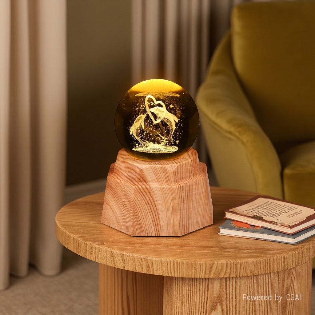 Dolphin Heart Luminous Crystal Ball Night light, 3d engraved starry sky, solid wood base, creative desktop decoration, birthday gift