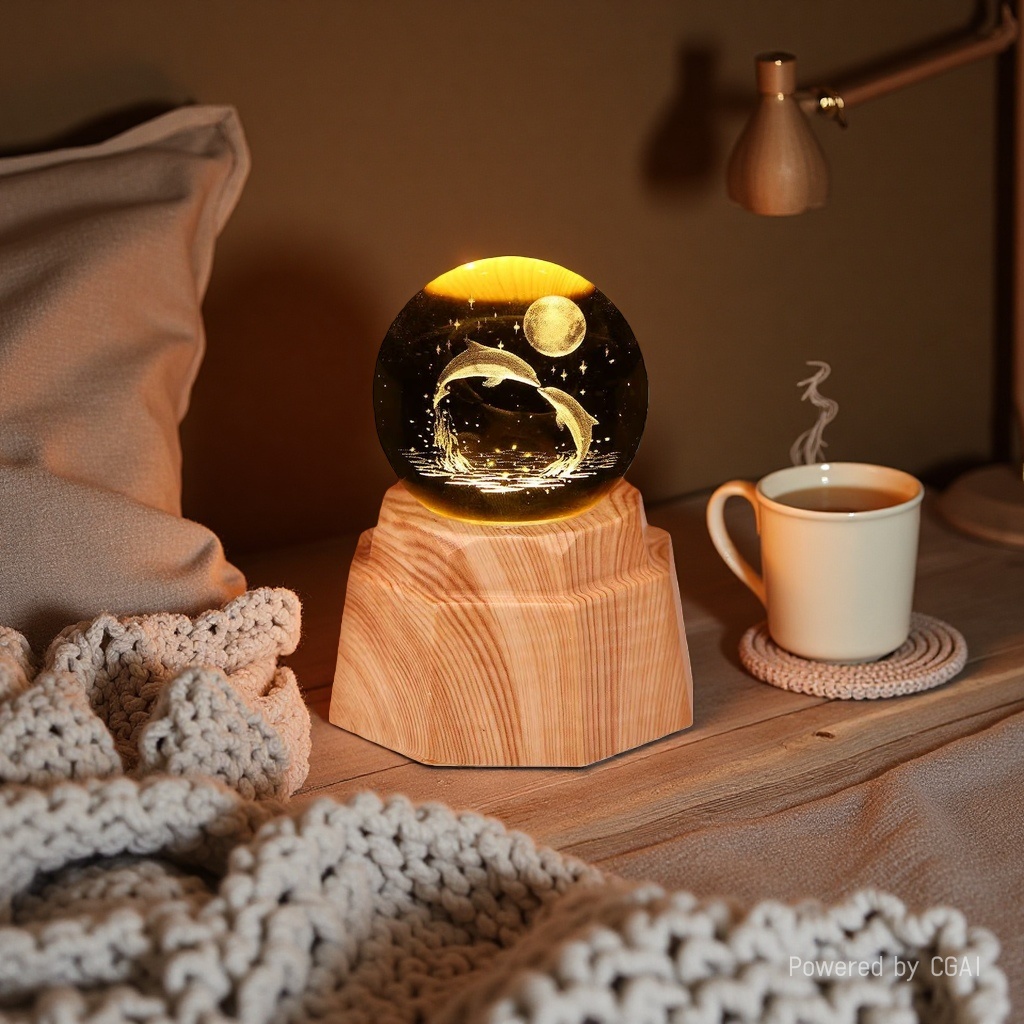 Dolphin Moon Luminous Crystal Ball Night Light, 3d engraved starry sky, solid wood base, creative desktop decoration, birthday gift