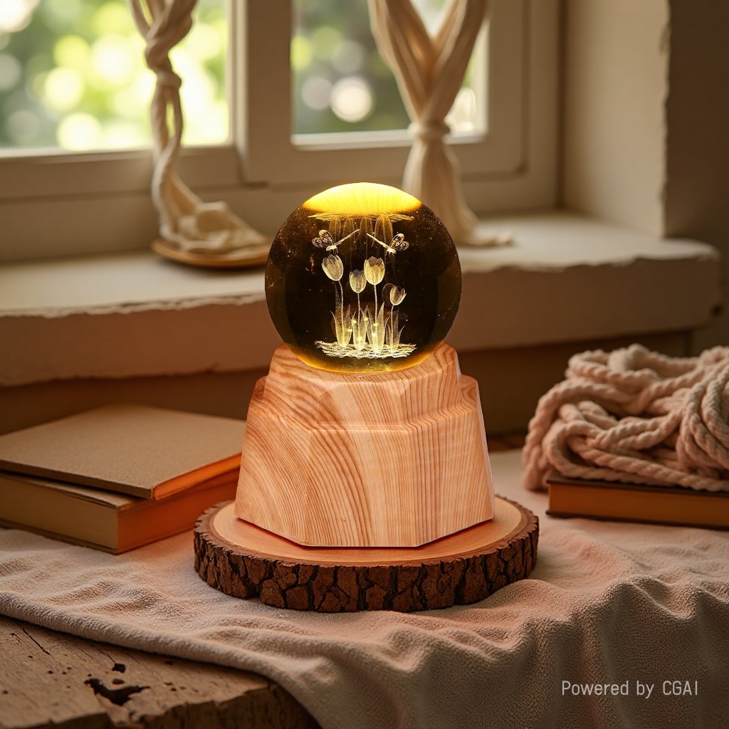 Tulip luminous crystal ball night light, 3d engraved starry sky, solid wood base, creative desktop decoration, birthday gift details Picture