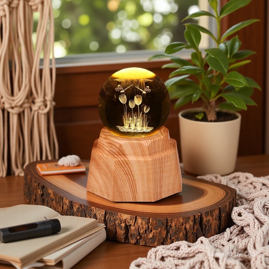 Tulip luminous crystal ball night light, 3d engraved starry sky, solid wood base, creative desktop decoration, birthday gift