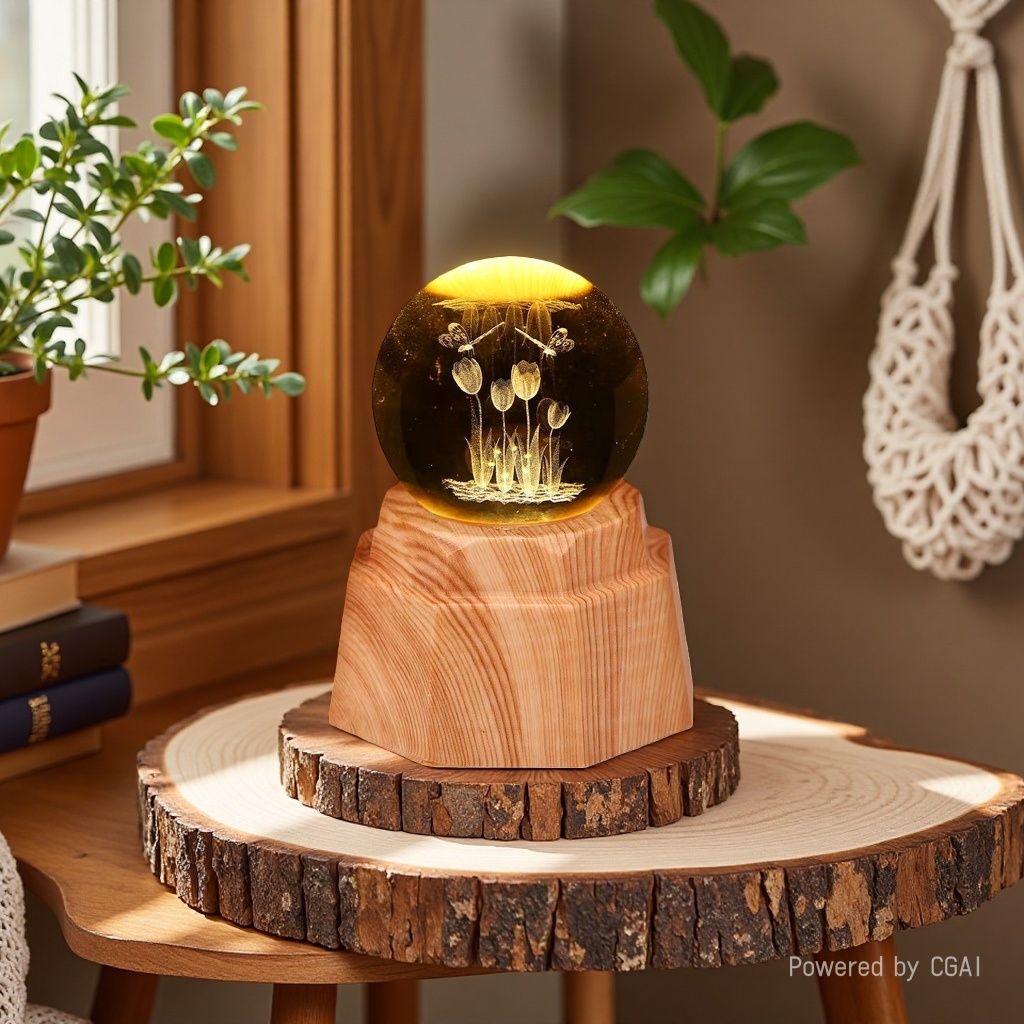 Tulip luminous crystal ball night light, 3d engraved starry sky, solid wood base, creative desktop decoration, birthday gift Application Scenario