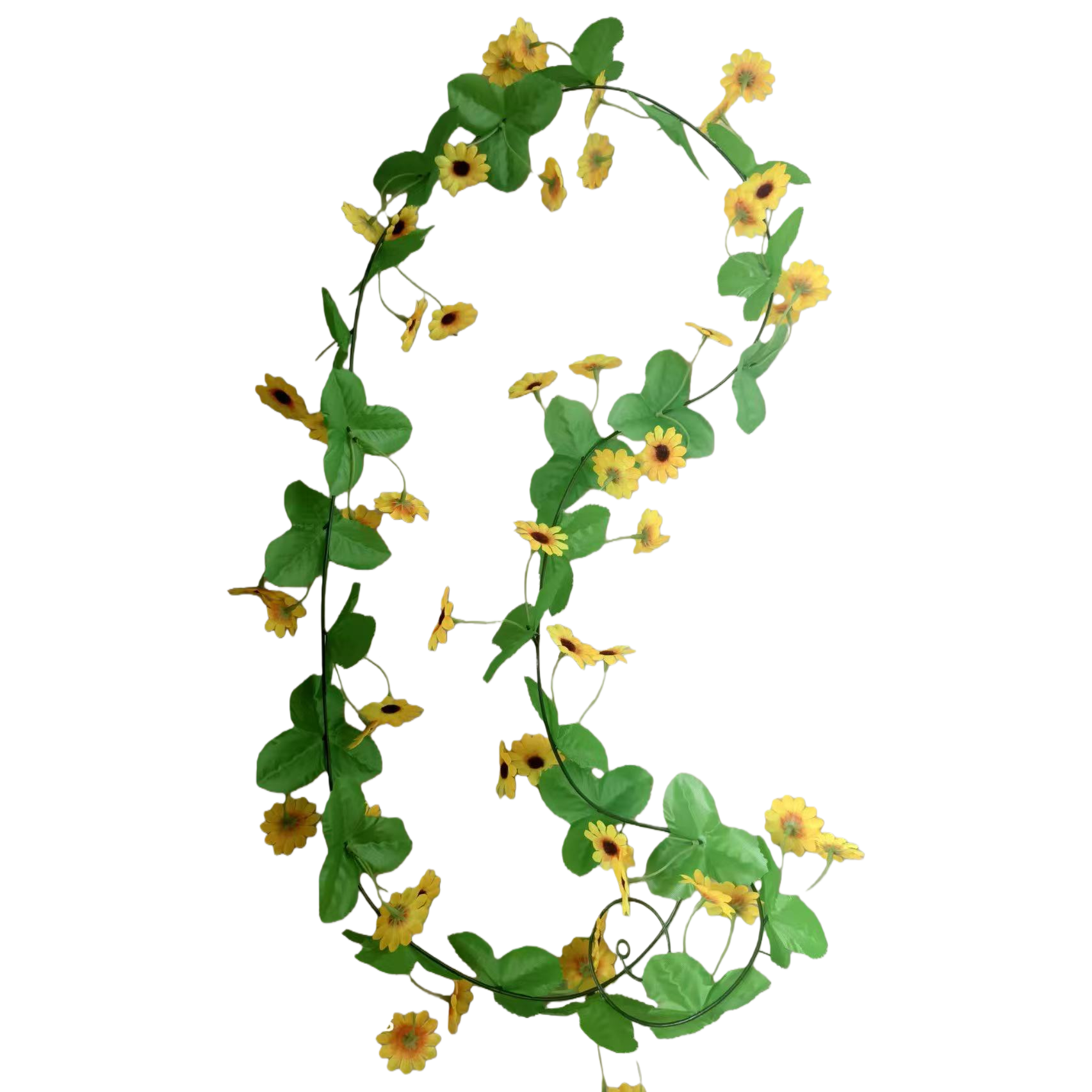 Artificial rattan flower garland with yellow flowers and green leaves, artificial flowers, plastic rattan strings, and white small moss and dead wood Item Picture