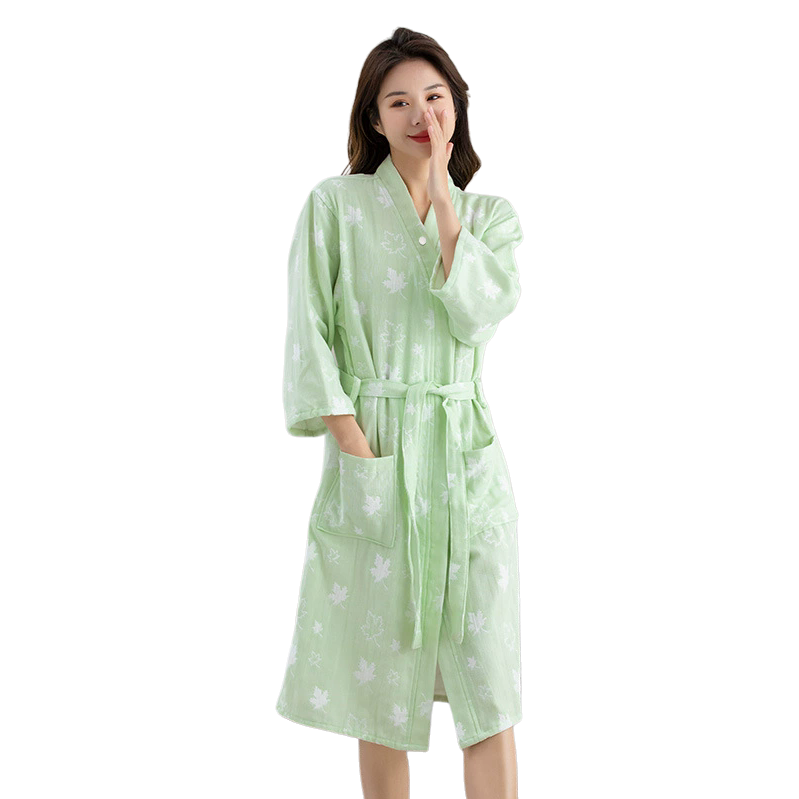 Green printed pure cotton ladies' bathrobe and skirt style milk silk plus-size pajamas Item Picture